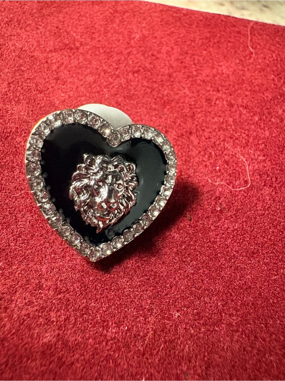 Heart-shaped Black Enamel Lion Accent Pendant with Crystal Halo